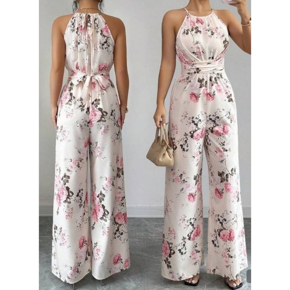 Lovely Rose Floral Print Halter  Jumpsuit jumper romper waist twist size Medium